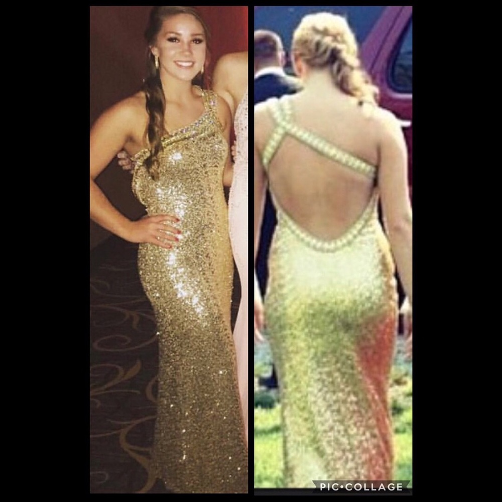 La Femme Gold Sequined Prom Dress CHEAP